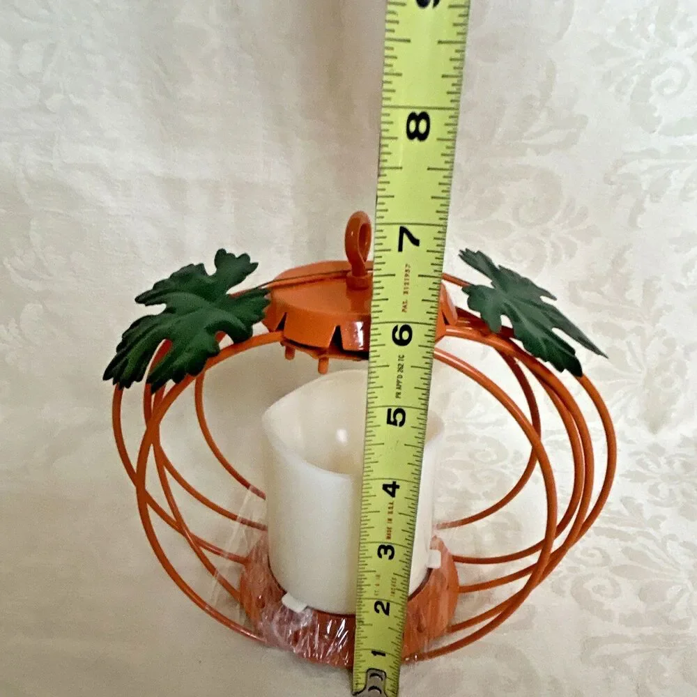 Set of 3 Metal Orange Pumpkin Candle Holders w/ LED Candles, Halloween
